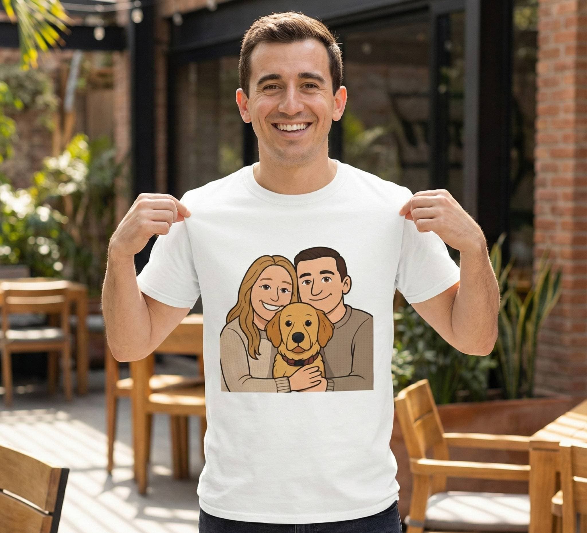 Happy customer showing off their custom cartoon t-shirt